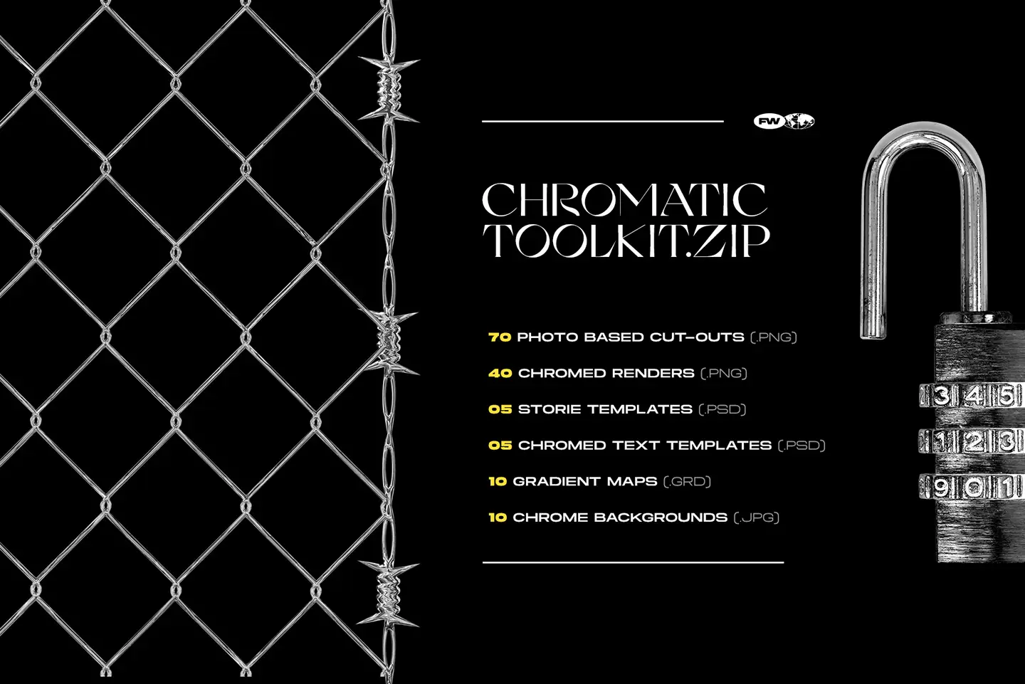 Chromatic Toolkit full package content list featuring chrome backgrounds text templates and wire fence graphics