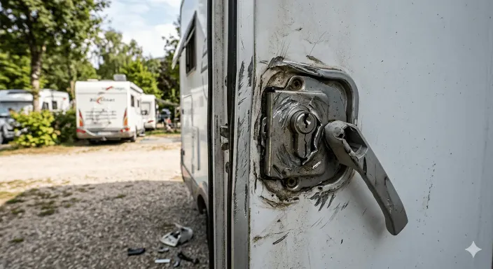 Cerradura de seguridad de la puerta de una autocaravana forzada tras un robo en un área de descanso.