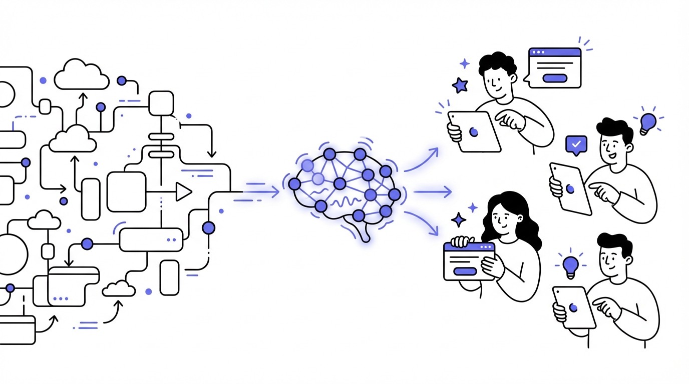 An abstract digital illustration representing the balance between scale and personalization, with AI as the central connector. On the left, a vast network of blue and purple data streams and grids symbolizes large-scale systems. On the right, glowing orange and green human silhouettes represent individual personalization. In the center, a luminous, interconnected AI entity glows, acting as a bridge between the two contrasting elements.