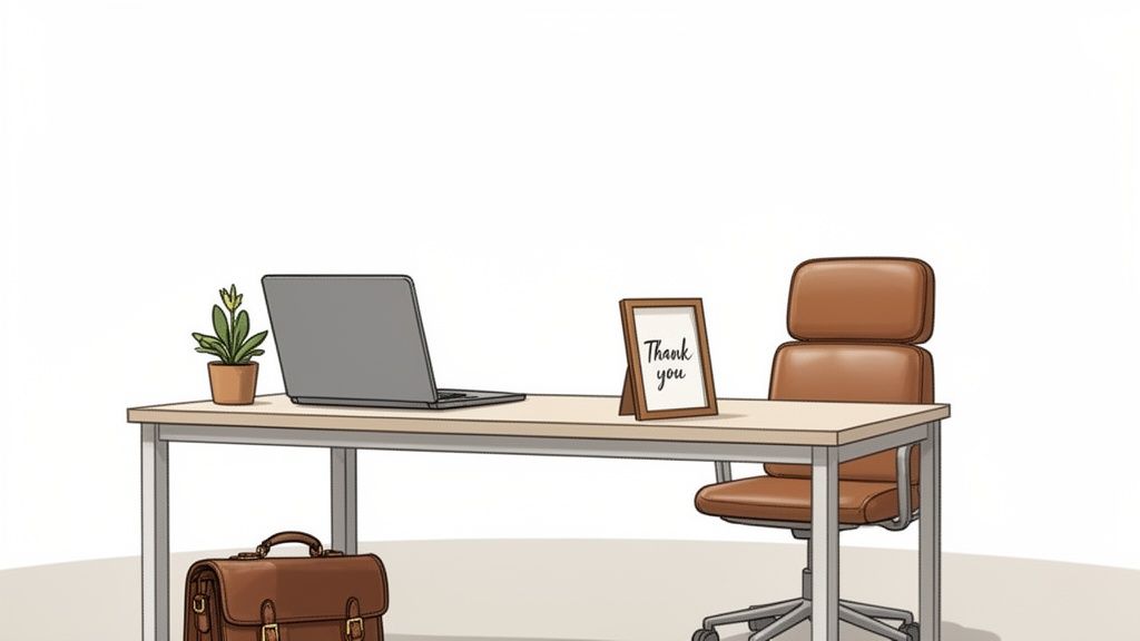 An illustration of an office desk setup with a laptop, a plant, and a 'Thank you' sign, beside an office chair.