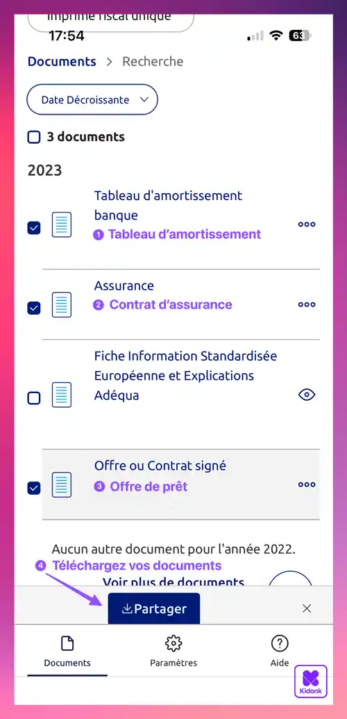 Application mobile Banque Populaire affichant le téléchargement de documents issus d'une recherche spécifique