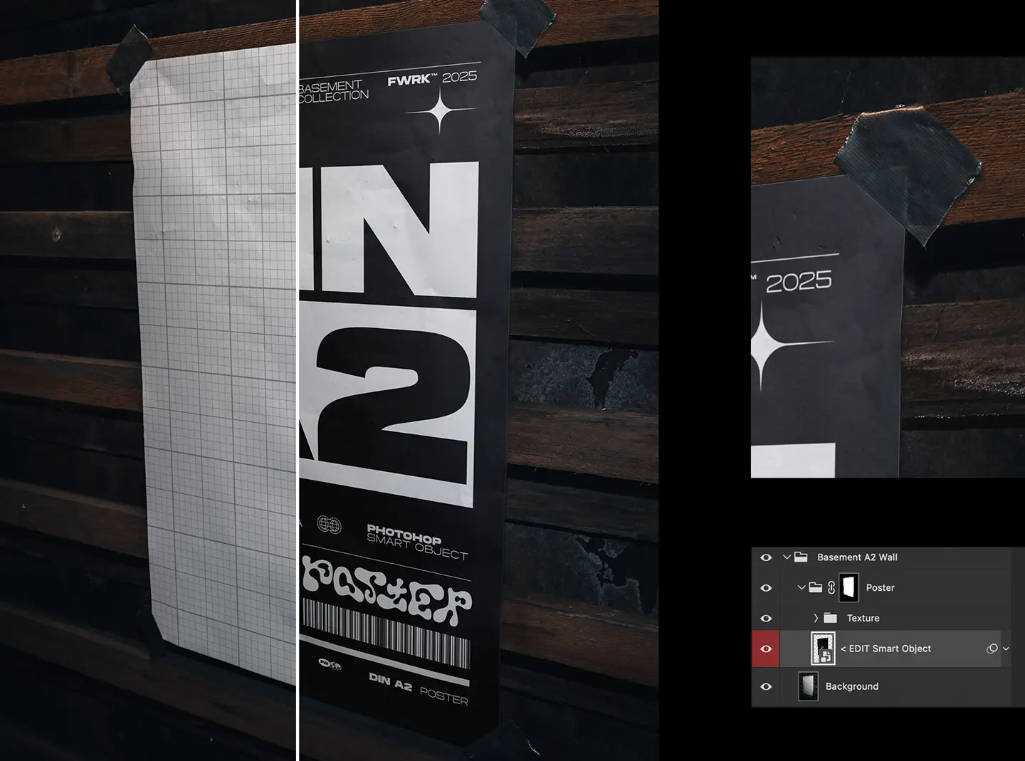 Basement A2 poster mockup Photoshop smart object editing and layered file preview