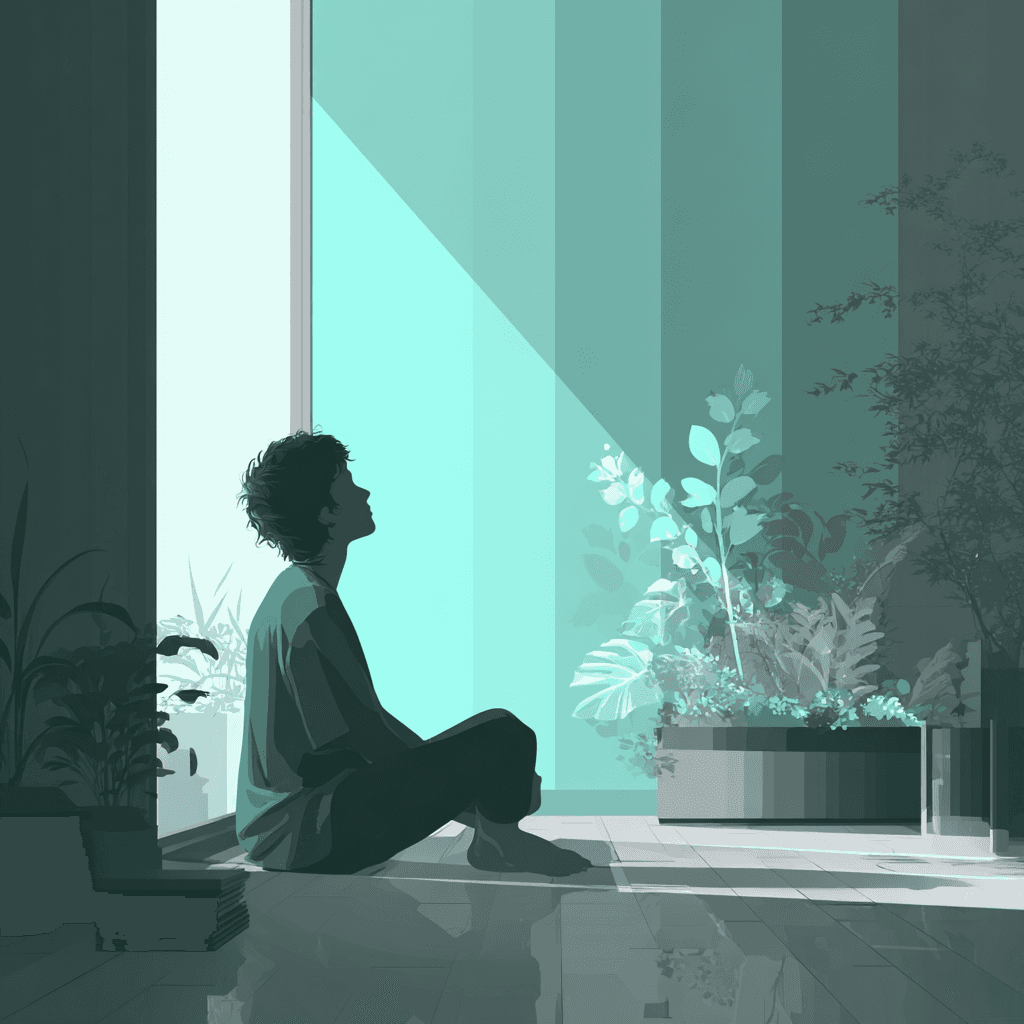 a person meditates at the corner of his room