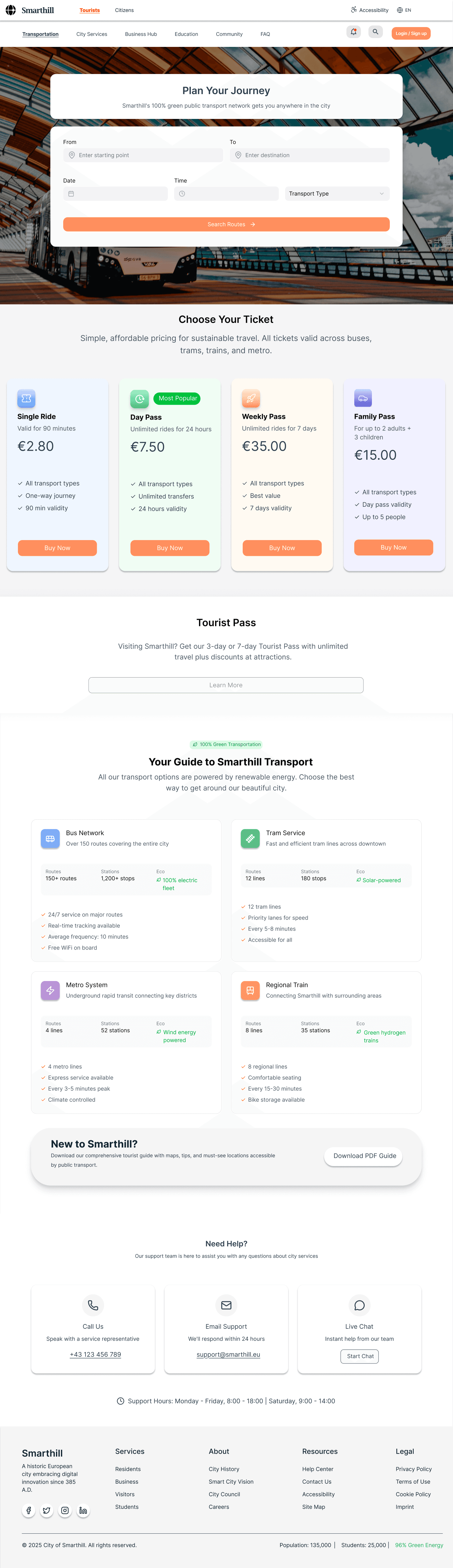 Transportation journey planner showing a route search form with destination, date, time and transport type fields