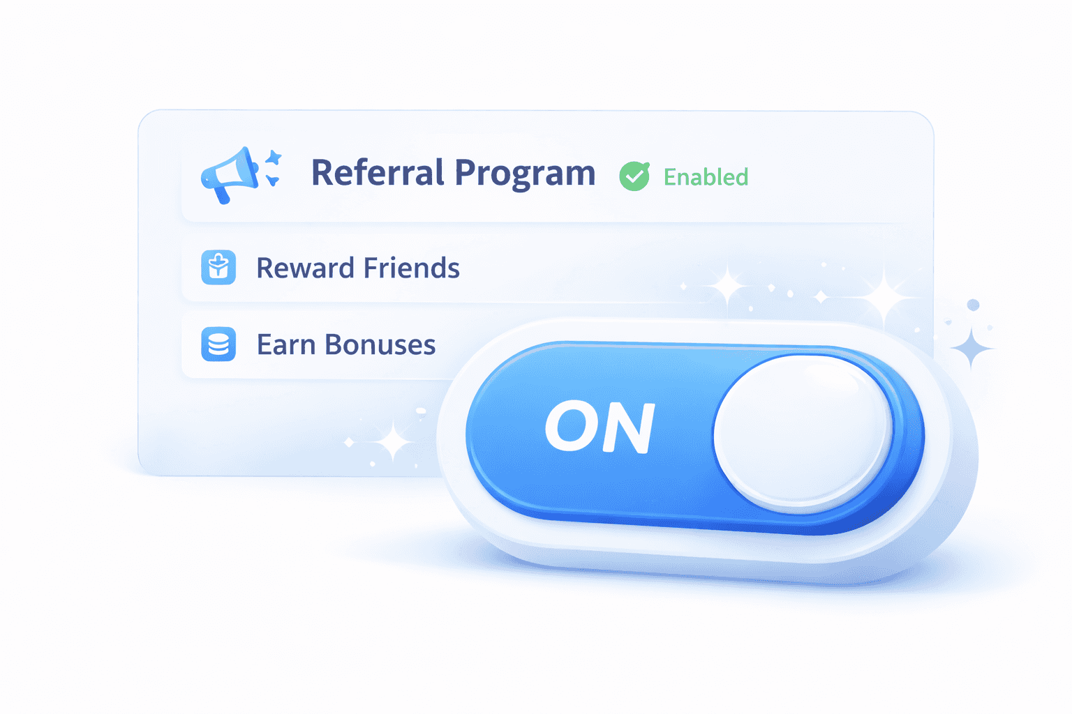 Interruptor de activación en azul en posición ON con efectos de activación y panel de programa de referidos