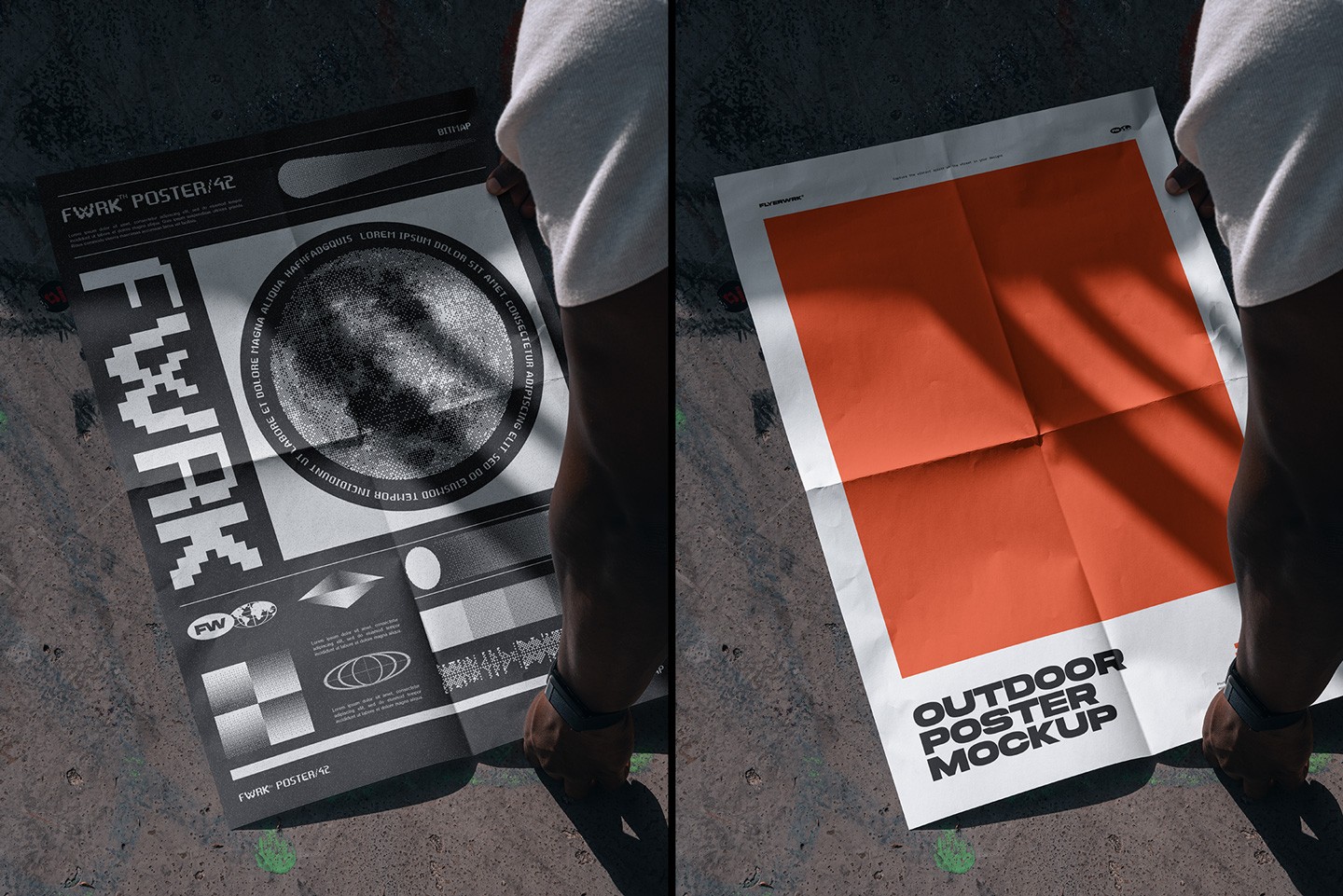 Outdoor A2 Poster Mockup featuring dark minimalist and bright orange poster designs under natural sunlight shadows