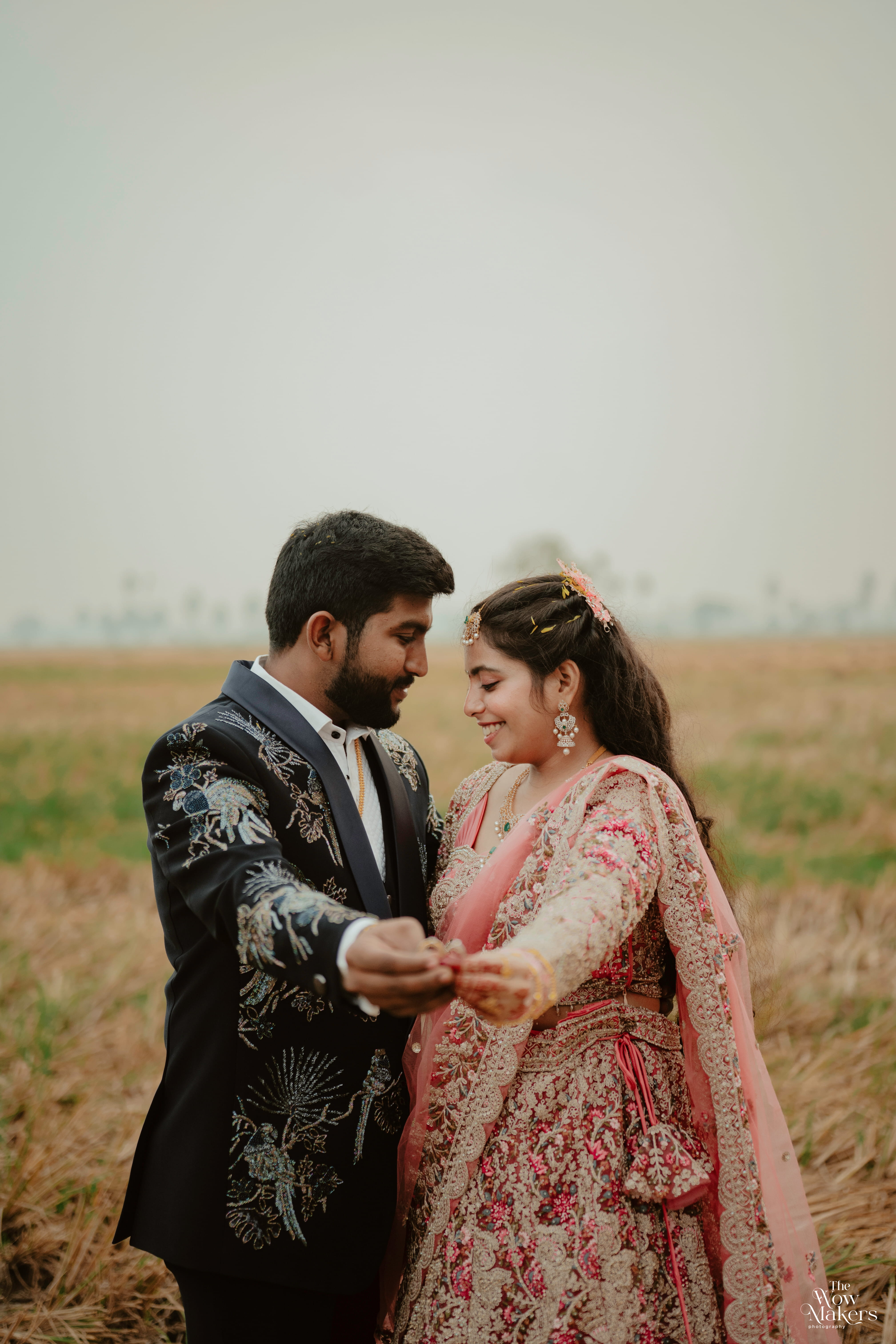 Engagement and blessing ceremony photo collage with floral backdrop, couple in ivory and pink traditional wear, by Wow Makers wedding photography in Hyderabad, India.