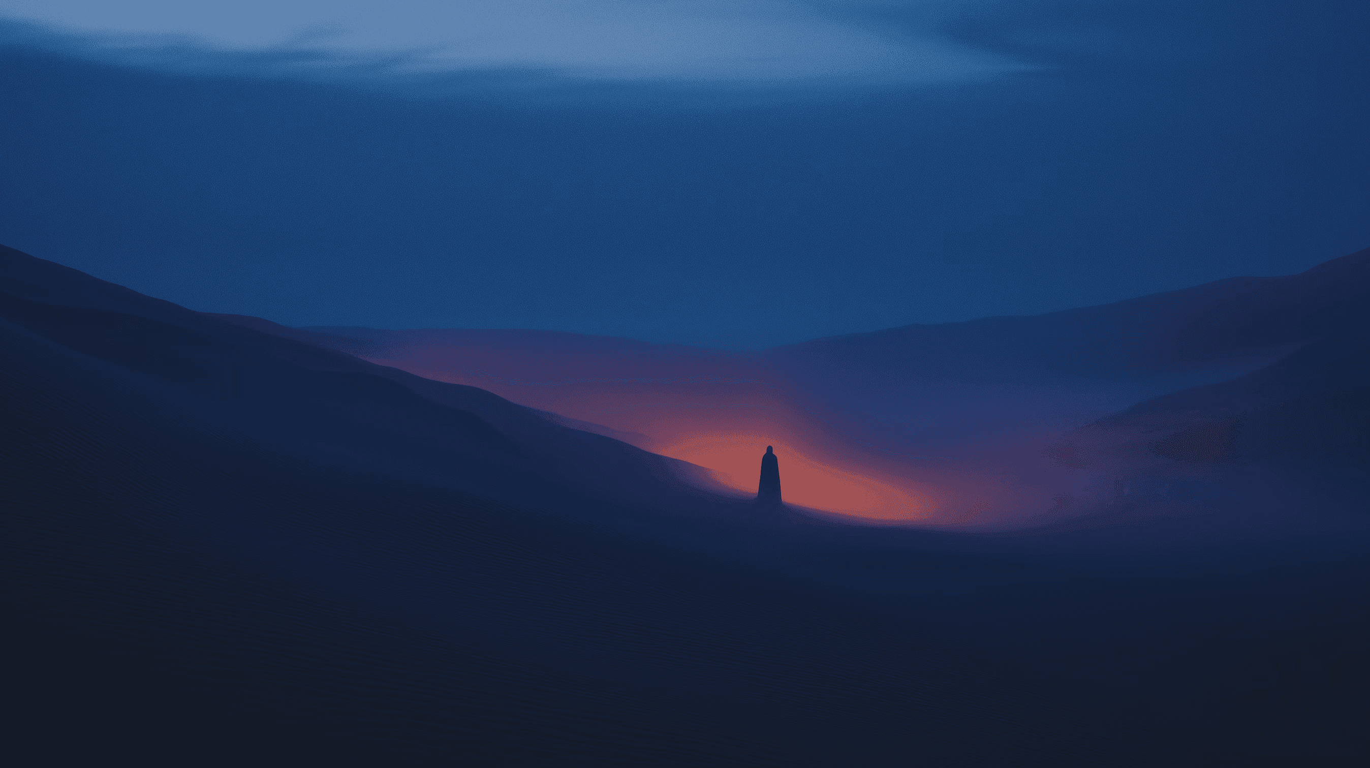 Cinematic desert landscape at dusk with a lone silhouette standing before a warm amber glow, surrounded by dark rolling hills and a deep blue sky.