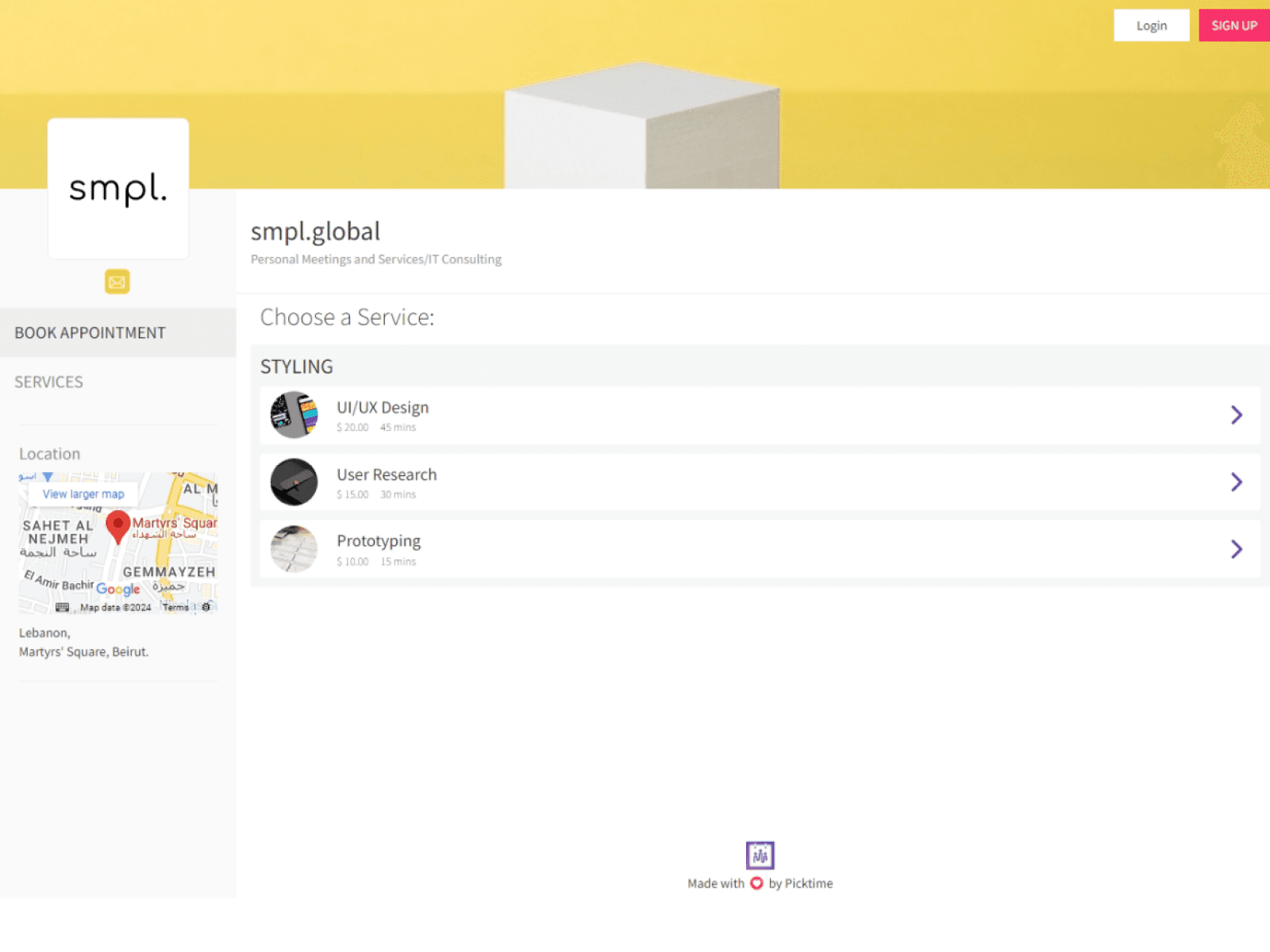 picktime's event selection before screen