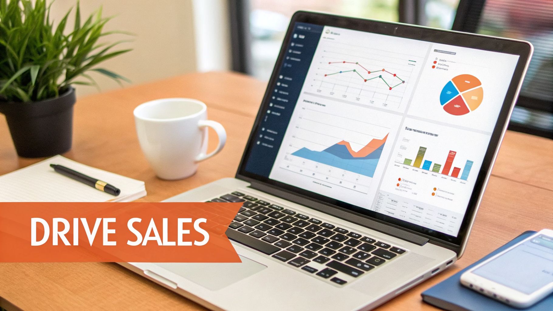 Laptop screen displaying sales analytics and business charts on a desk with a coffee mug and plant.