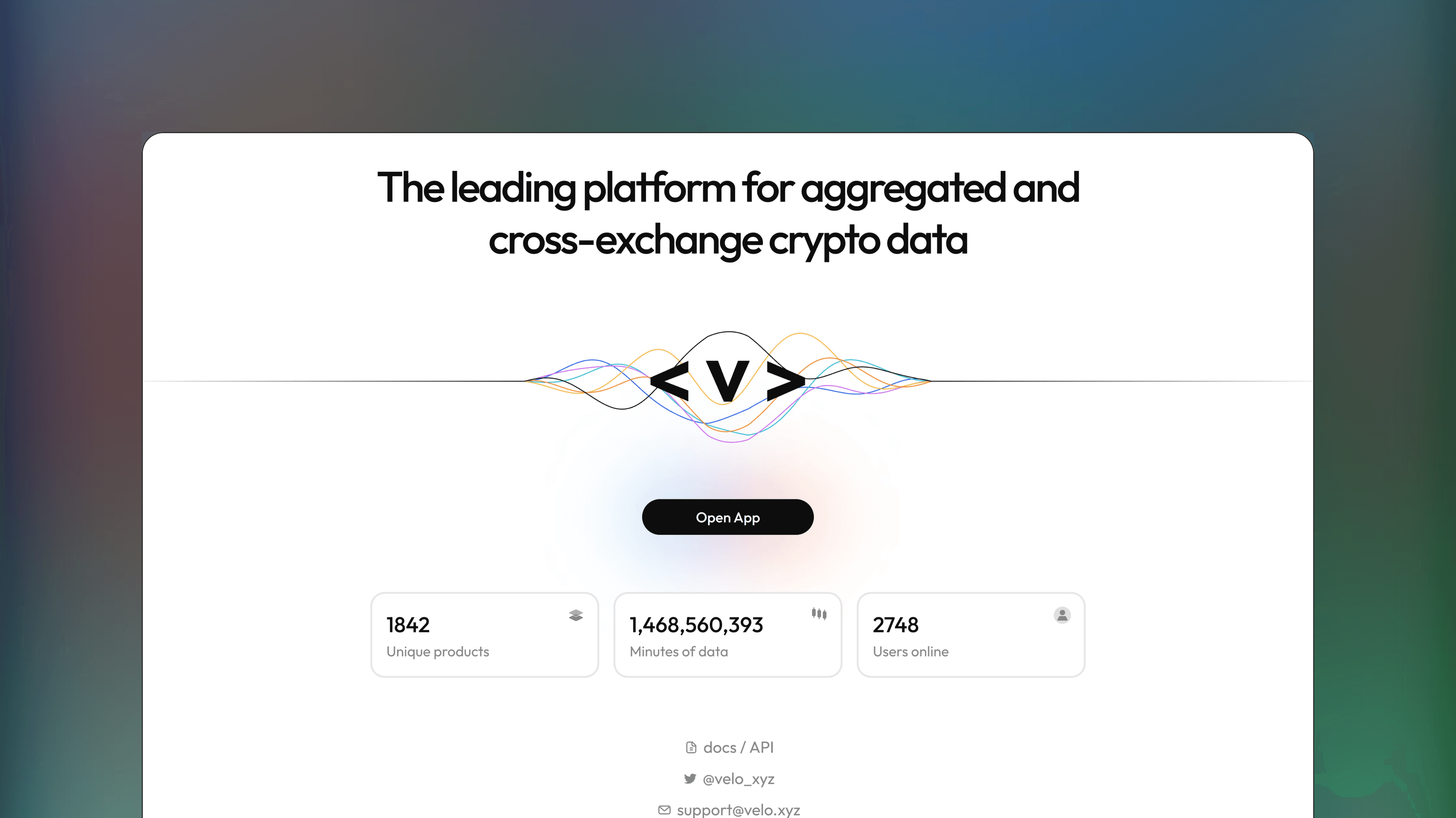 Website preview of Velo Data, trade analytics crypto platform featuring a dashboard of aggregated market data.