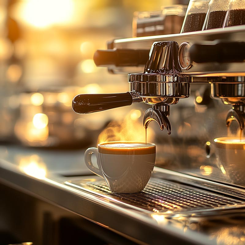 Close up of coffee machine pouring coffee into the cup.