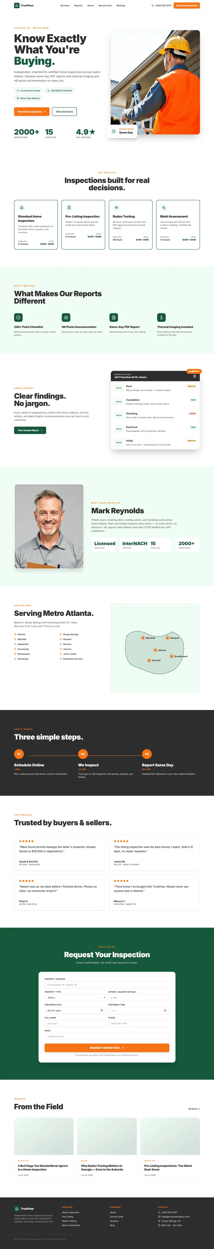 Full home inspector website design: green hero, services, sample report preview, booking form