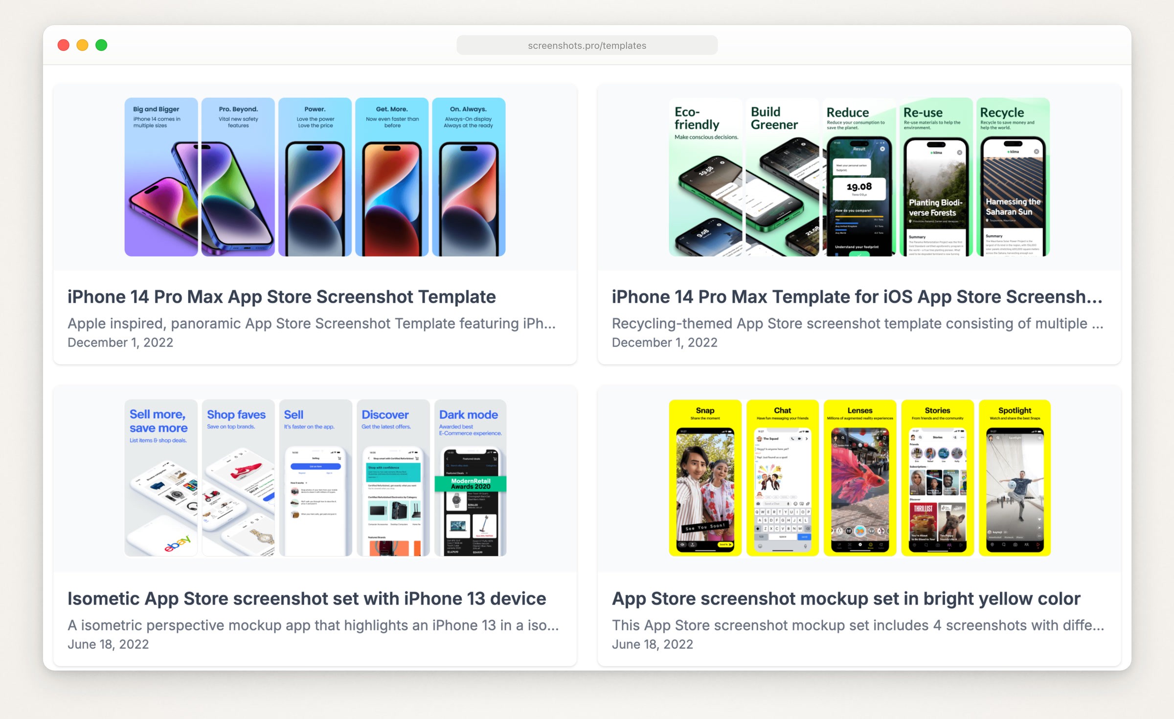 Screenshots.pro’s template gallery showing four App Store screenshot sets: the iPhone 14 Pro Max App Store Screenshot Template, a recycling themed set, an isometric iPhone 13 set and a bright yellow set, dated December 1, 2022 and June 18, 2022