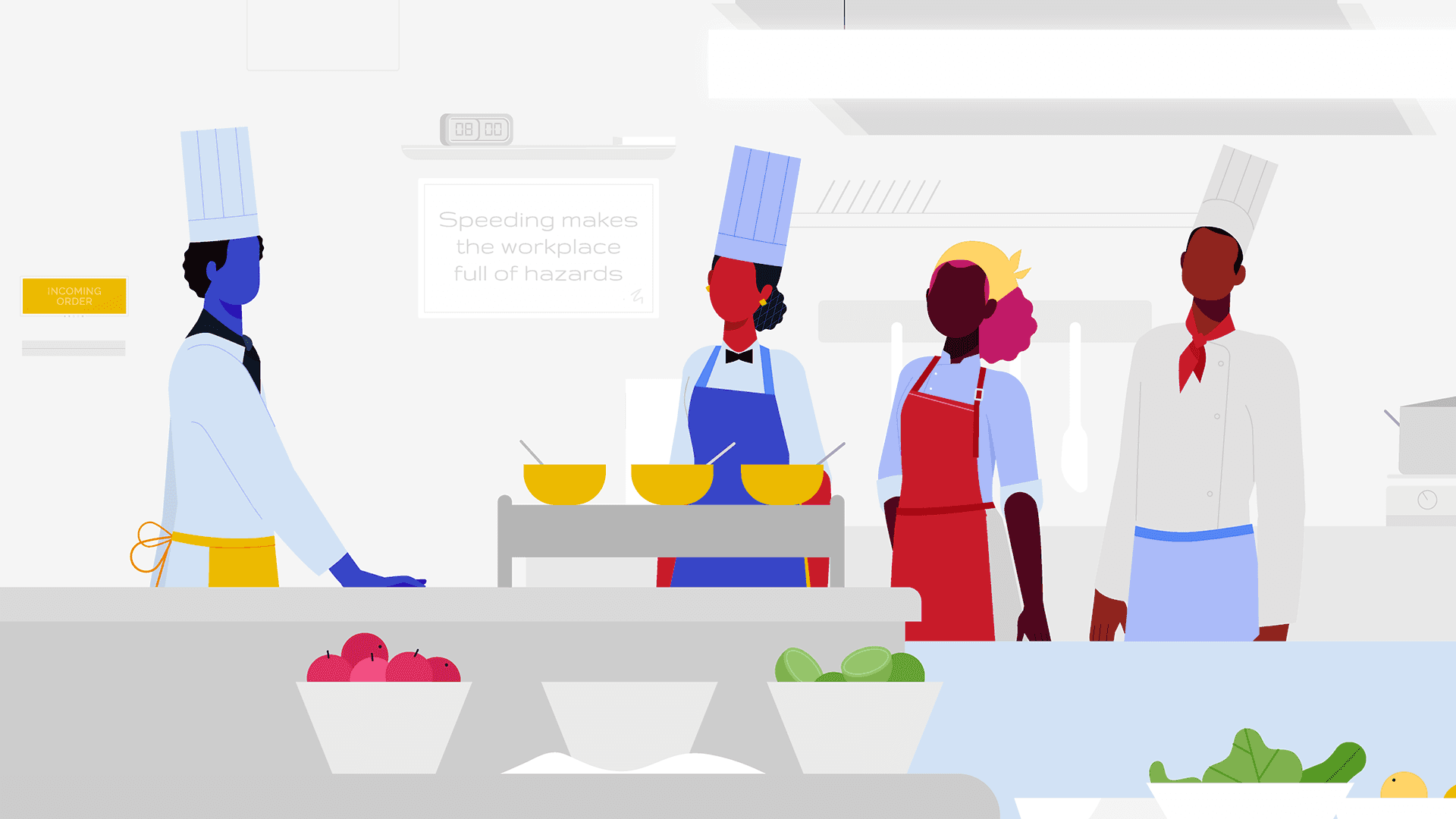 A still shot from a training video and animation showing kitchen staff in a hotel restaurant