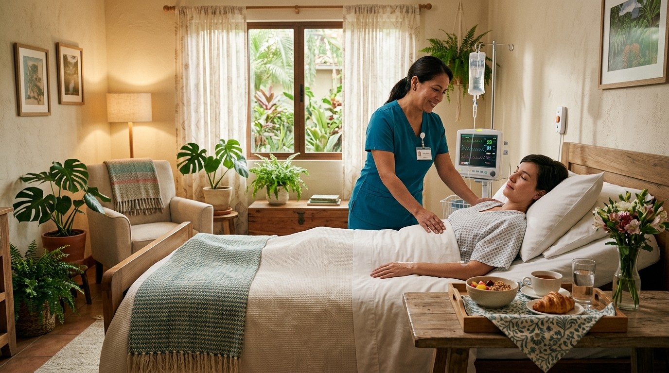 A nurse attending to a patient in a warm, professional post-surgical recovery room in Guadalajara