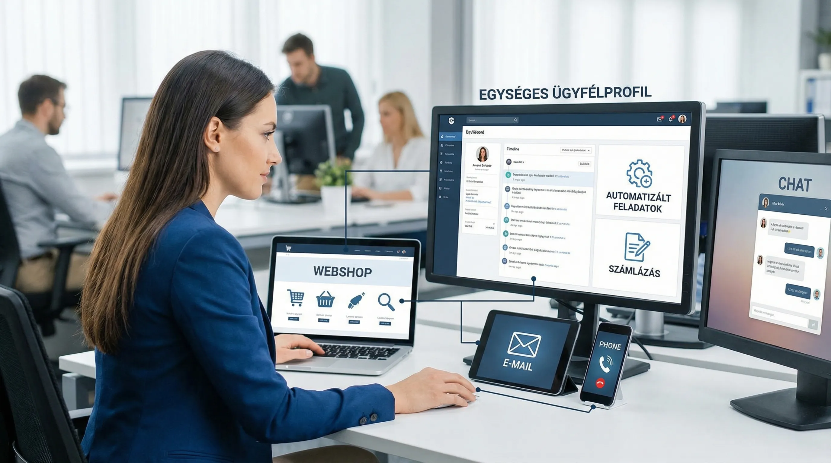 Omnichannel ügyfélút illusztráció: ugyanaz az ügyfél több csatornán (webshop, e-mail, telefon, chat) lép kapcsolatba, a középen lévő CRM egységes profilt és előzményeket mutat, innen indulnak automatizált feladatok és számlázási lépések.