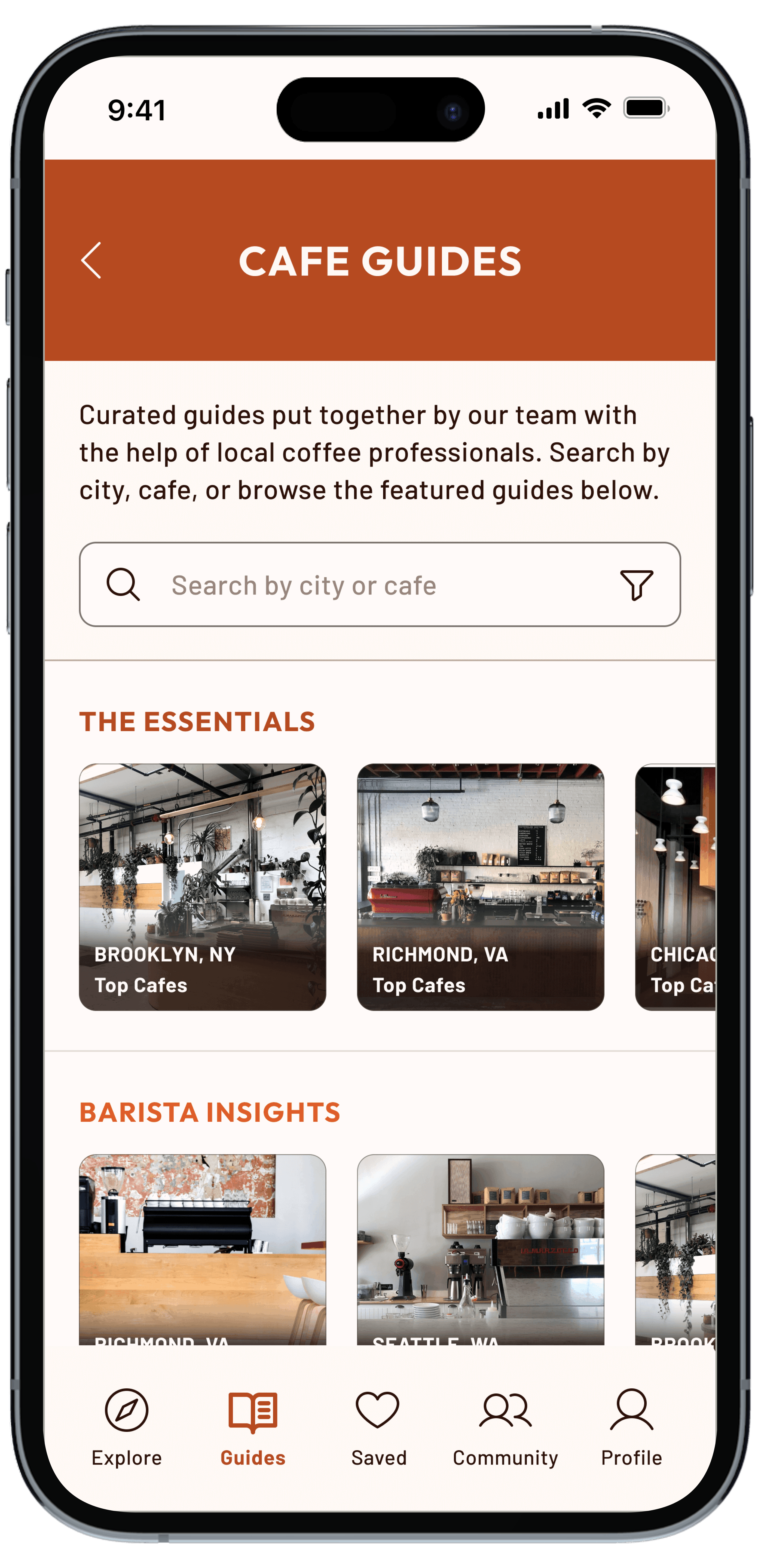 iPhone mockup featuring Dabbio's cafe guides screen