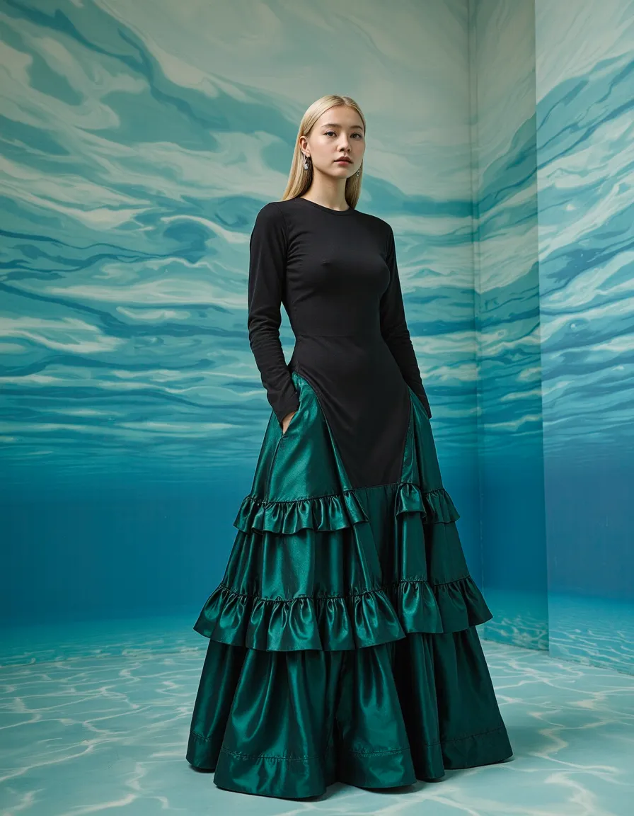 Woman in black top and emerald green tiered gown against artistic turquoise water-textured backdrop