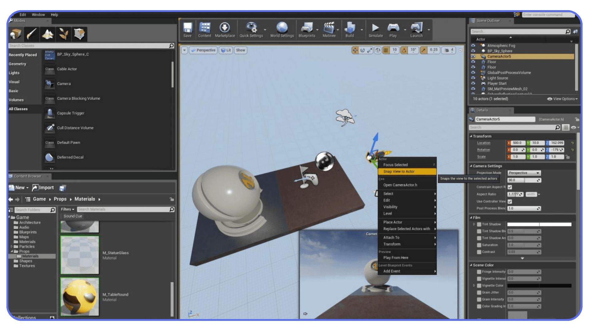 Using camera controls and actor context menu in Unreal Engine editor