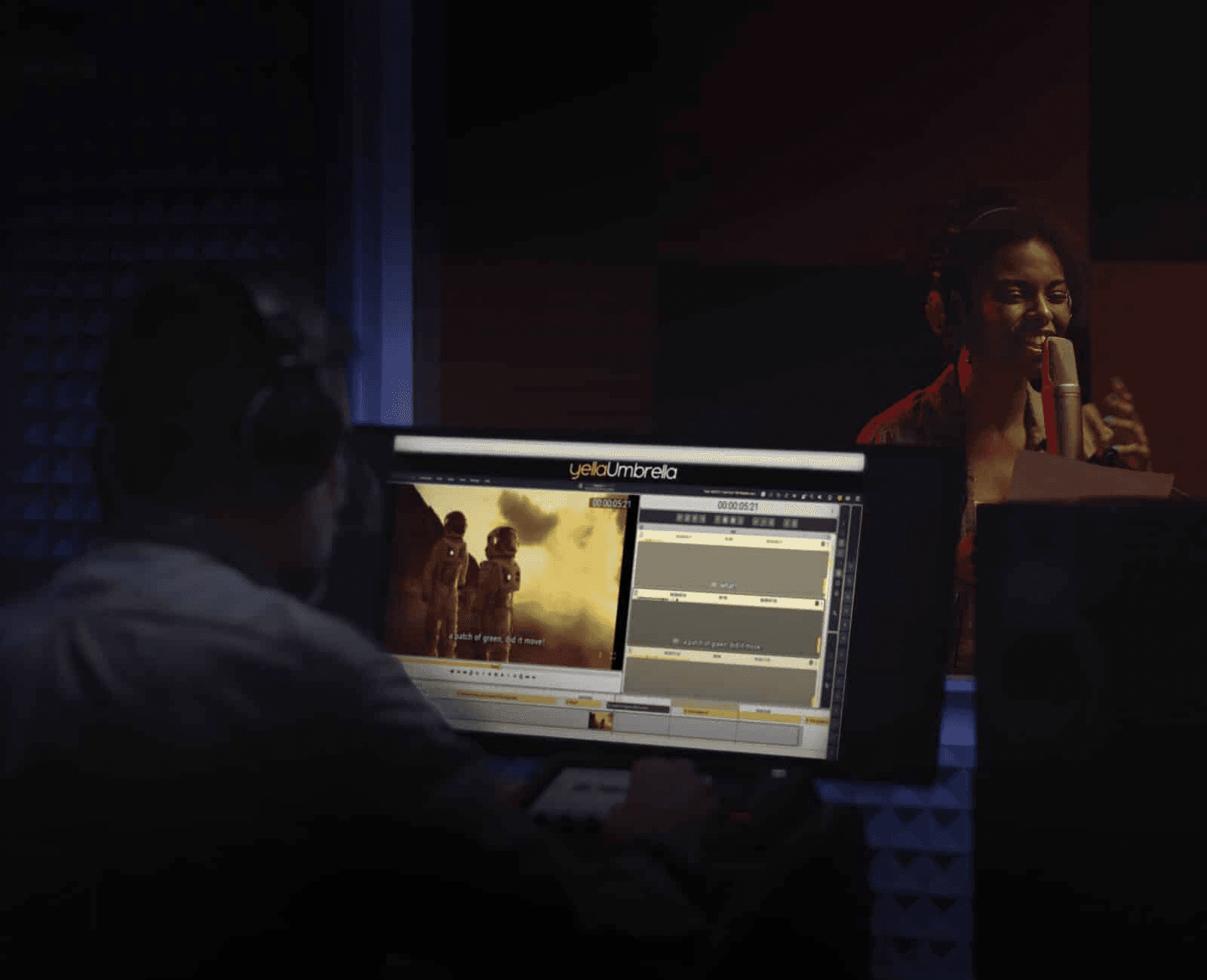 Woman records voiceover in a studio - Dubbing AI