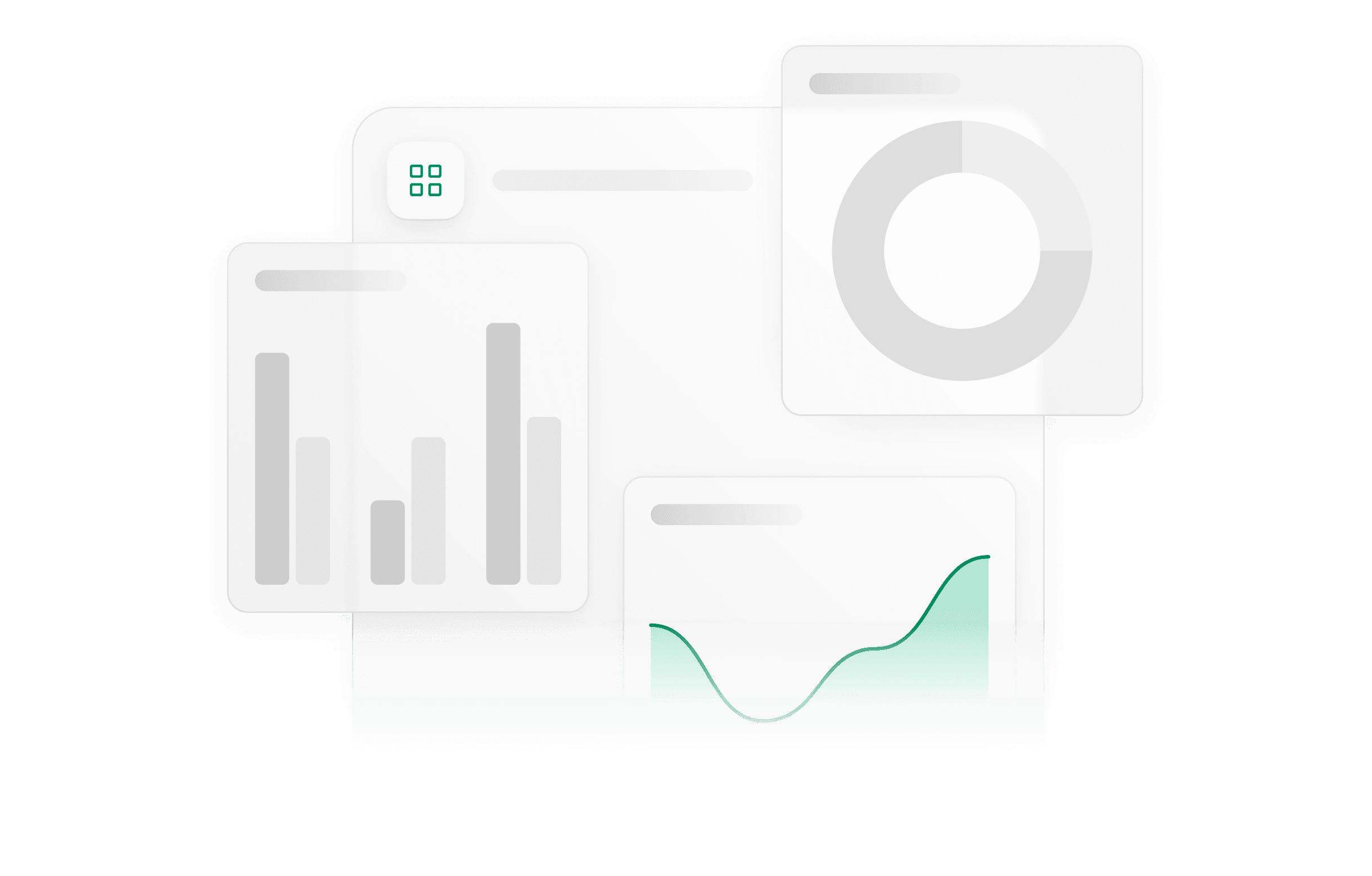 A render of a series of widgets including a bar chart, pie chart and line chart.