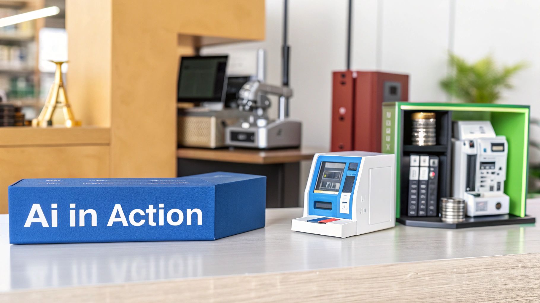 AI in Action display box with miniature technology models including kiosks and vending machines on desk