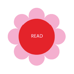 Flower-shaped graphic: a red circle with the white word “READ” in the center, surrounded by eight pink circles representing petals. Used as a button to read content.