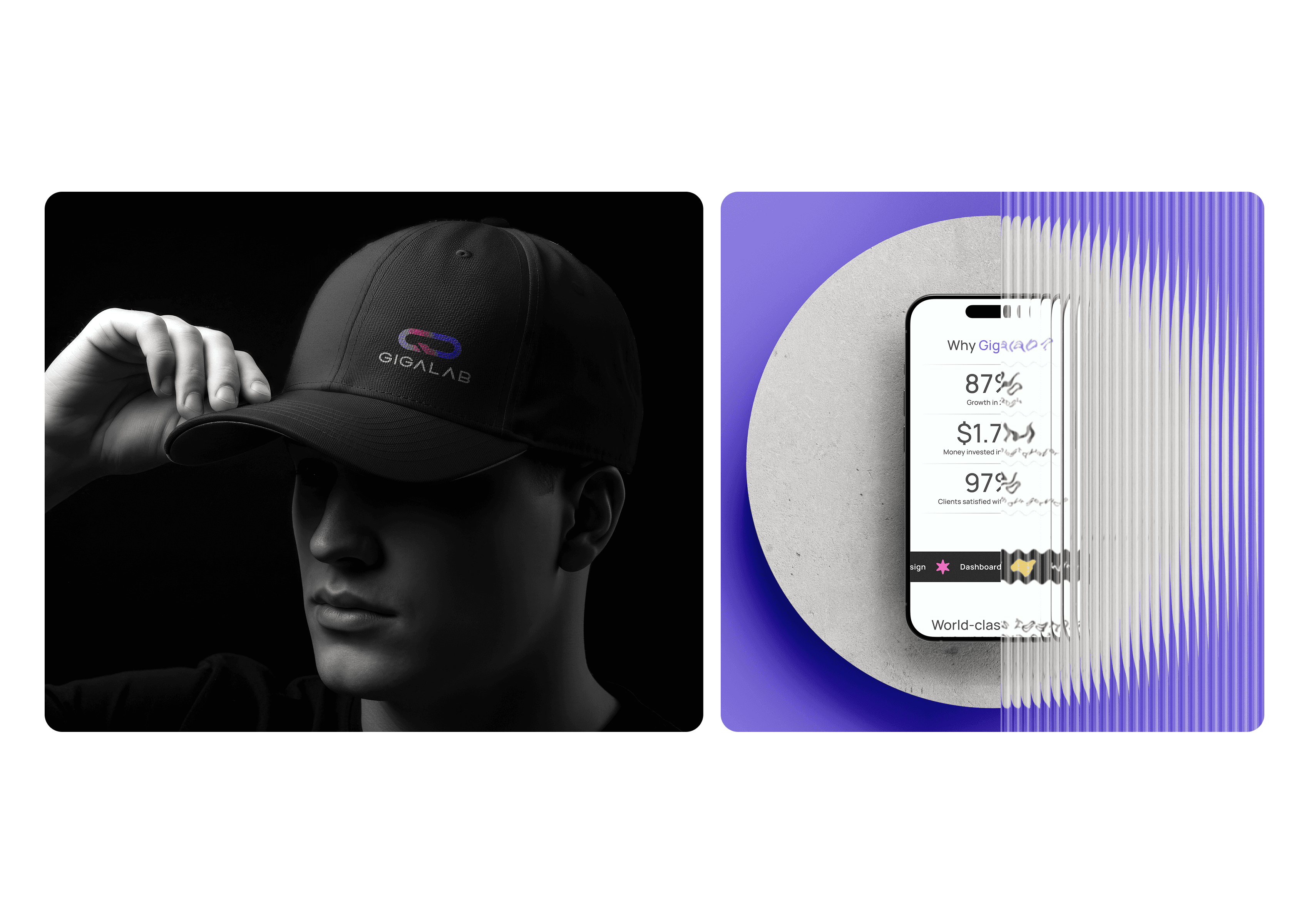 Gigalab branding mockups — cap with logo and mobile app showing company growth and performance statistics.