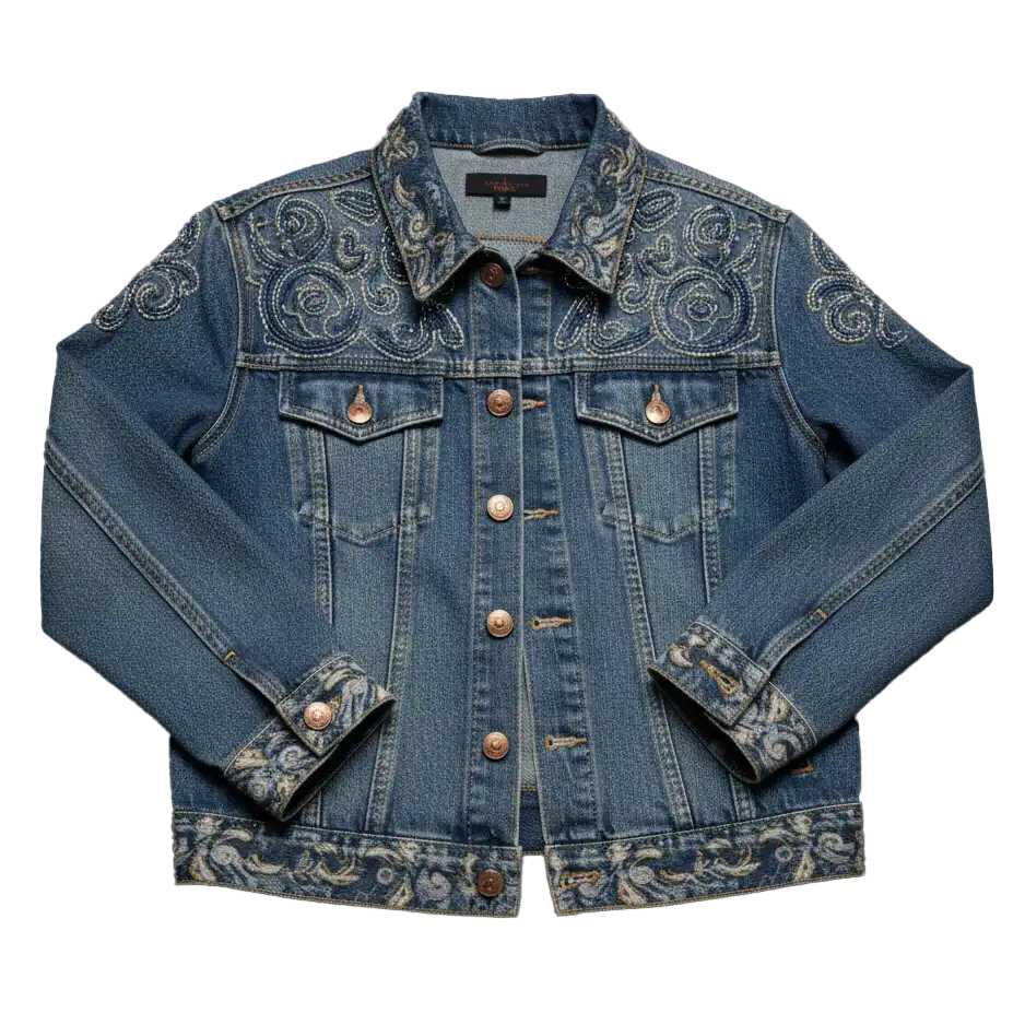 A blue denim jacket with intricate embroidery, displayed on a flat surface