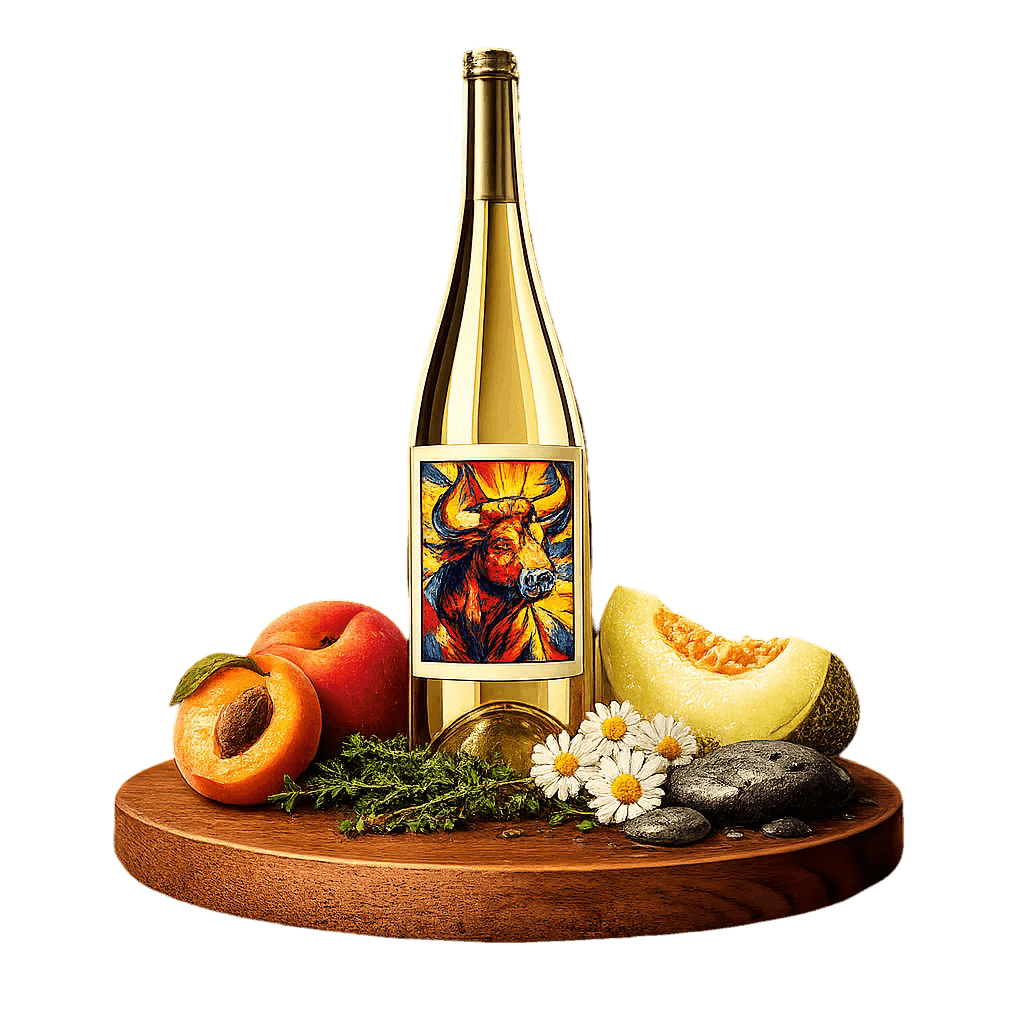 Artistic label and flavor profile for Greek Vidiano on a rustic wooden table.