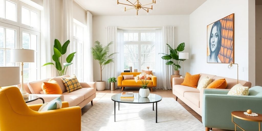 Modern living room with vibrant decor and natural light.