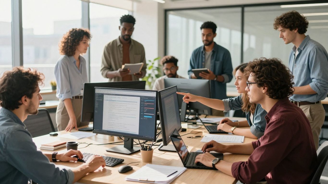 Professionals collaborating in a bright office, focusing on growth.