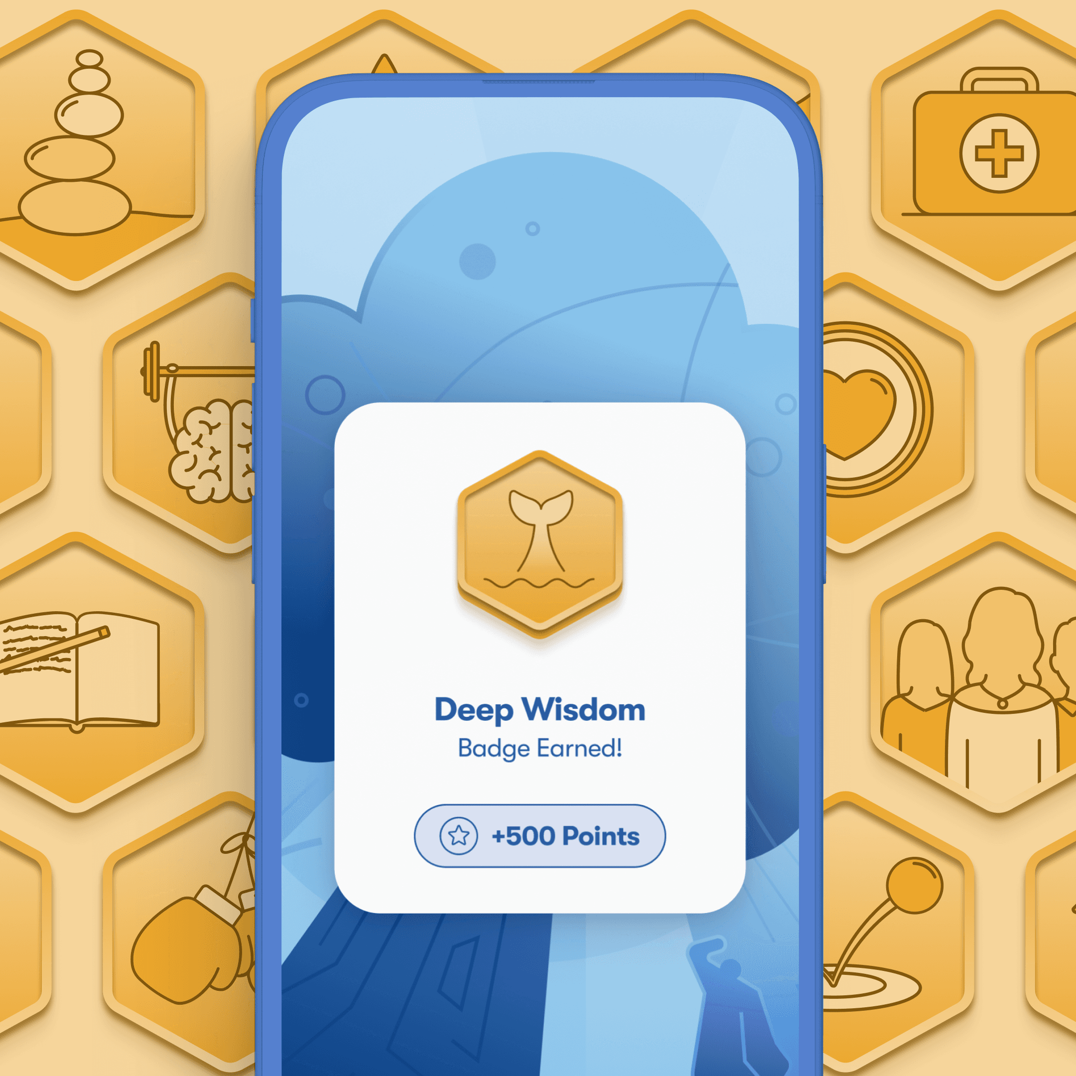 An image of a screenshot of the Impact Suite app, the student is receiving a badge for participating in the cirriculum on their choice of 4 learning paths: sexual addiction, depression, anxiety, substance abuse, or just making a better life. Impact Suite helps people on their mental health journey. Someday starts today.