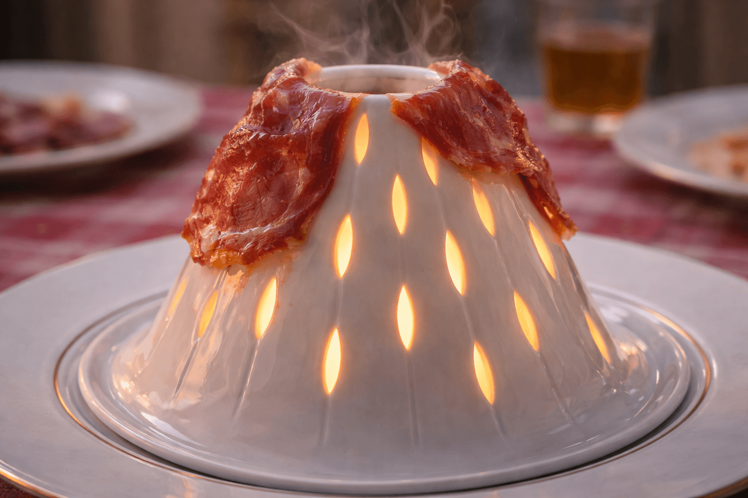 Schinkenvulkan aus Porzellan mit aufgelegten Schinkenscheiben und warmem Licht