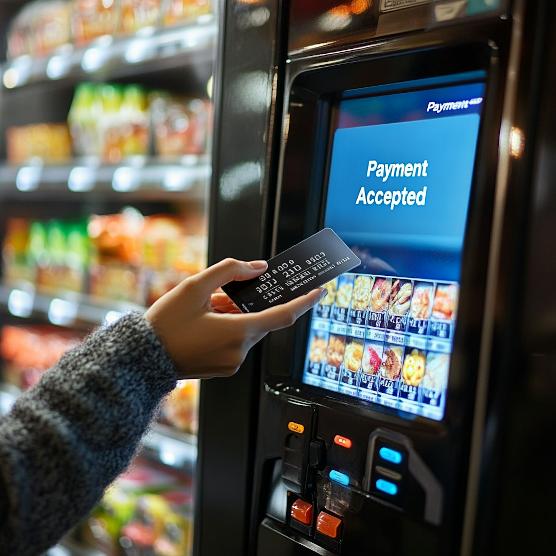 The image features a person using a credit card at a vending machine. The person's hand, holding a dark credit card, is the main focus, with the card partially inserted into a slot on the vending machine.