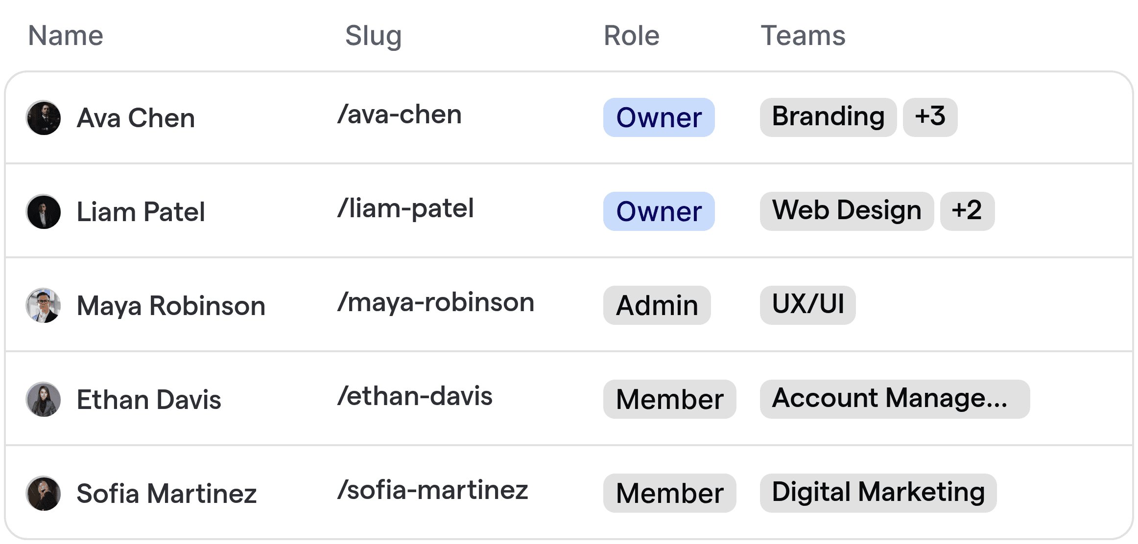 Liste der Teammitglieder der Designagentur und ihrer Rollen für die automatisierte Kundenzuweisung.