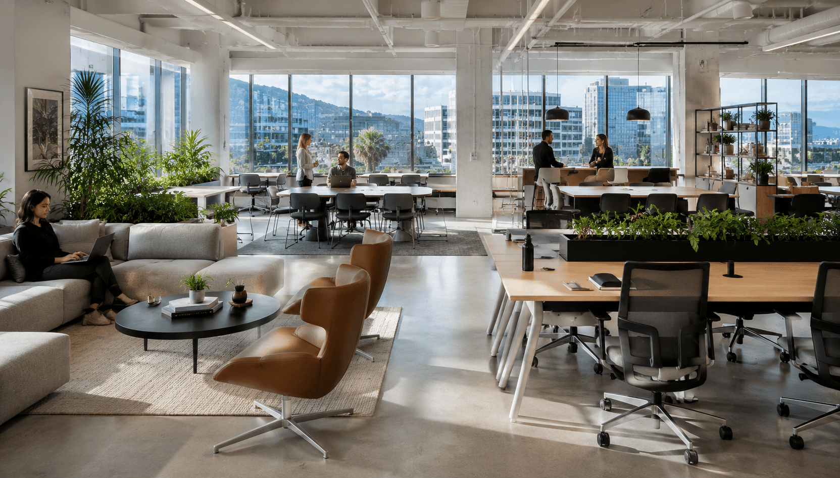 Commercial interior with plants and pendant lighting