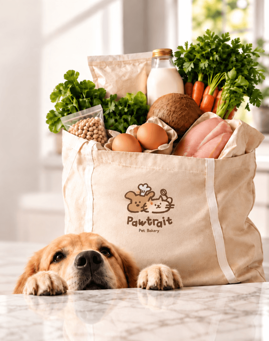 Pawtrait Pet Bakery grocery bag filled with fresh pet cake ingredients as a dog peeks over the counter