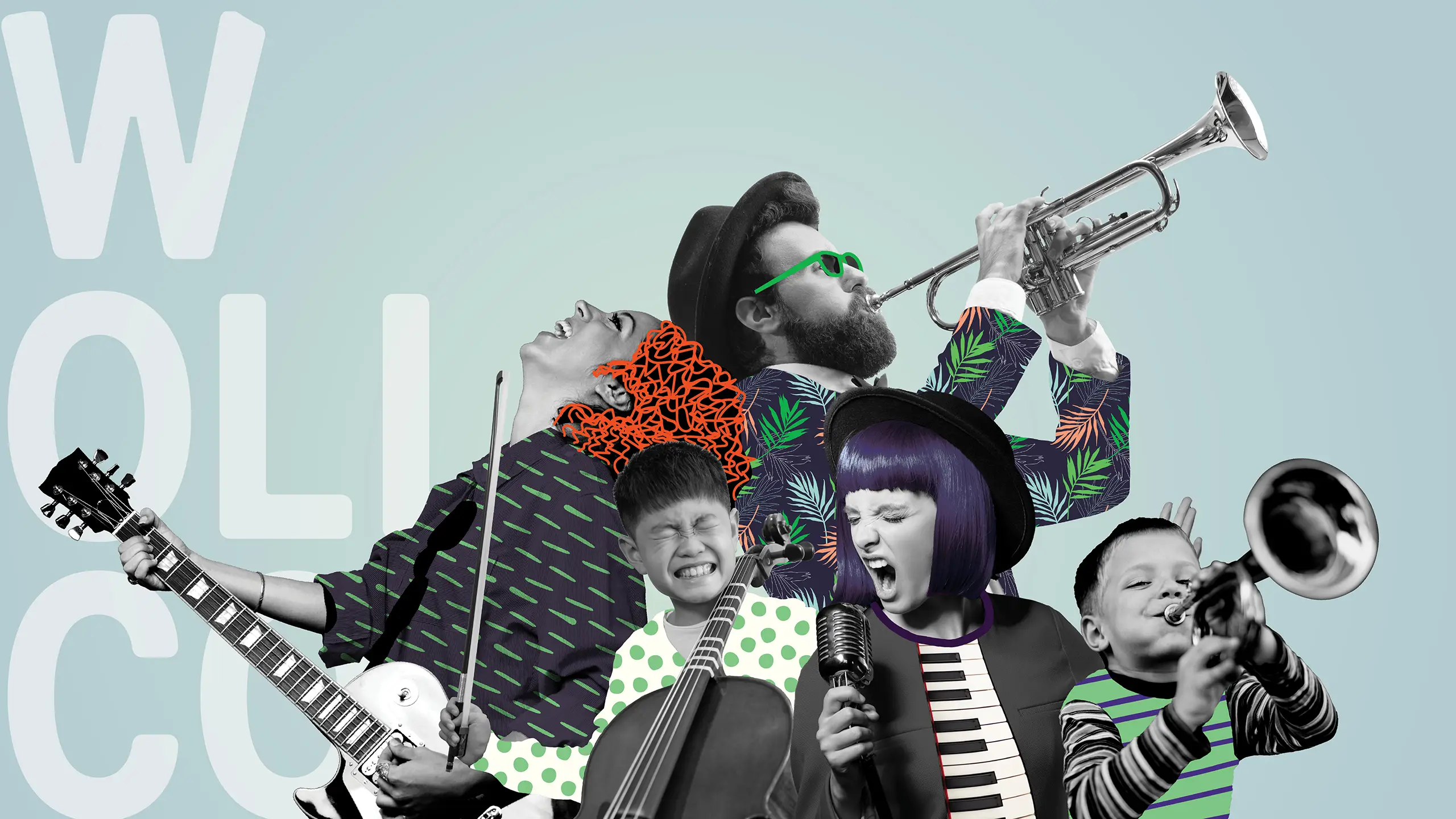 WollCon billboard design featuring layered photoshop image of musicians.