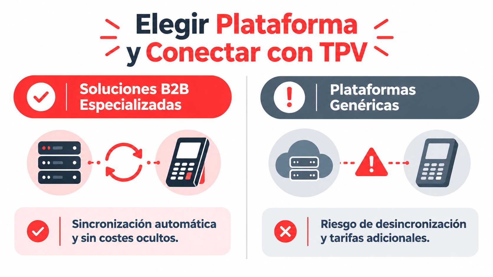 Comparativa entre plataformas B2B especializadas con sincronización y plataformas genéricas con riesgo de desincronización para TPV.