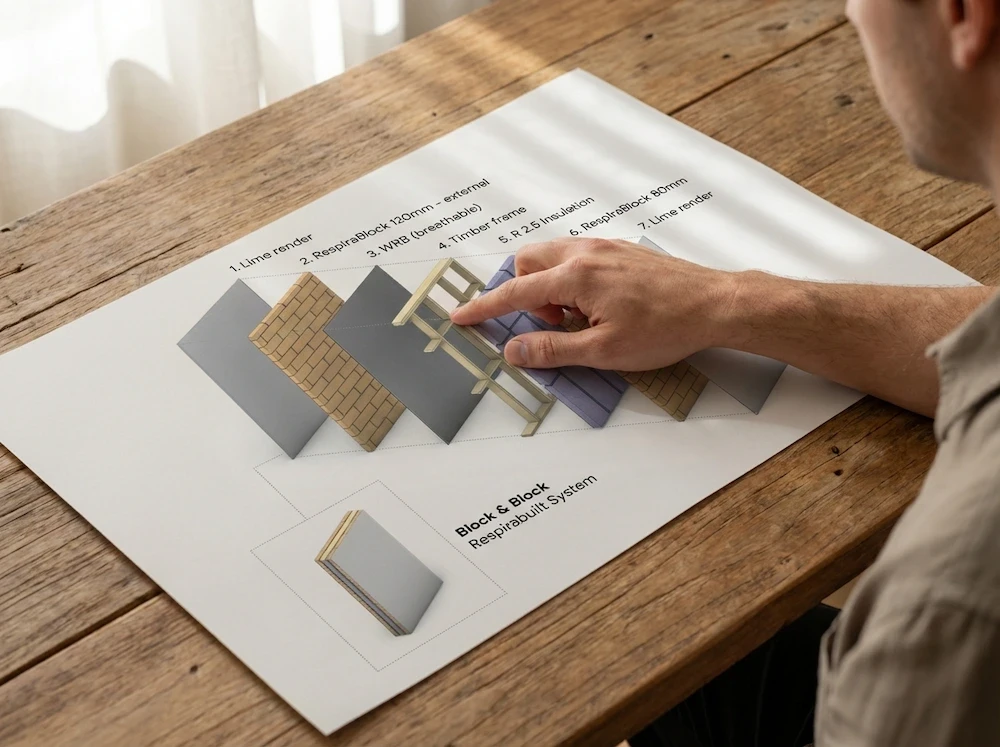 Man pointing at a paper on the table showing a RespiraBlock system made of Hempcrete Blocks