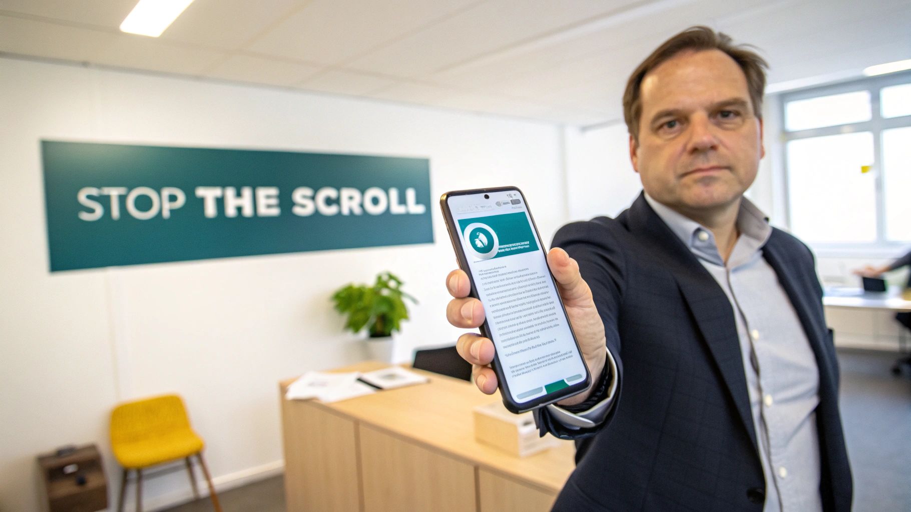 A man in a suit holds a smartphone displaying content, with a 'STOP THE SCROLL' sign in an office.