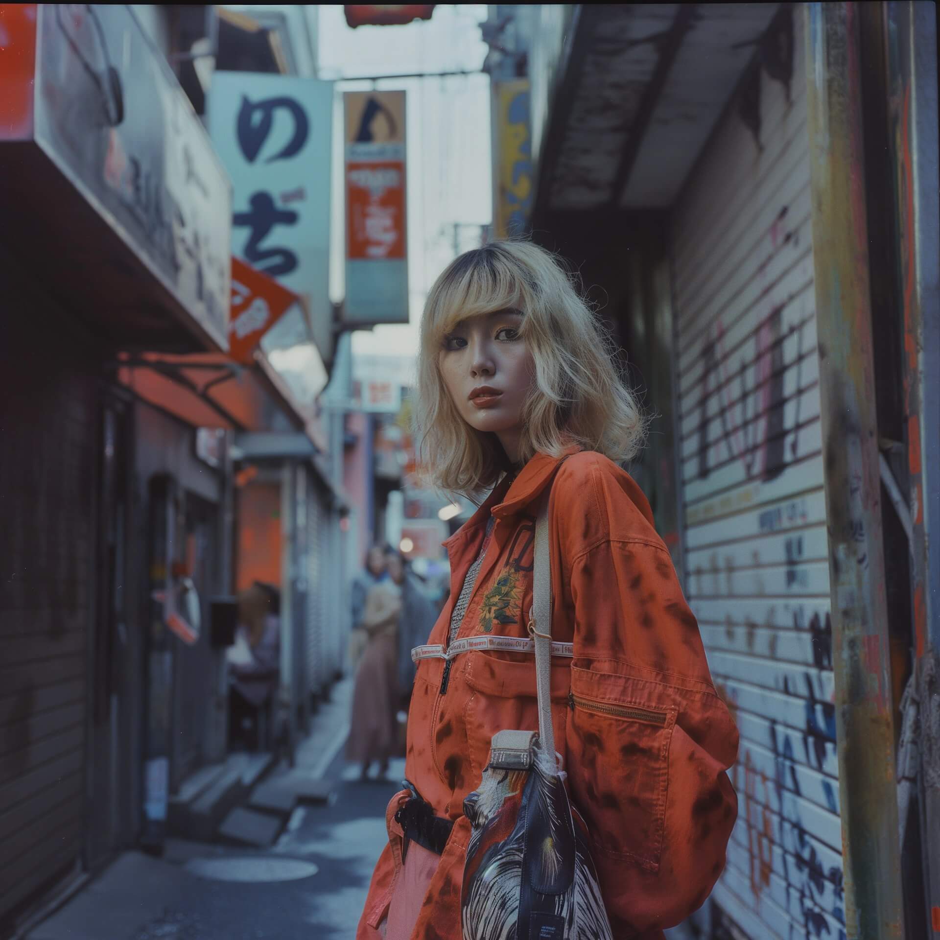 A woman in vibrant pants and an orange jacket stands confidently on a lively street