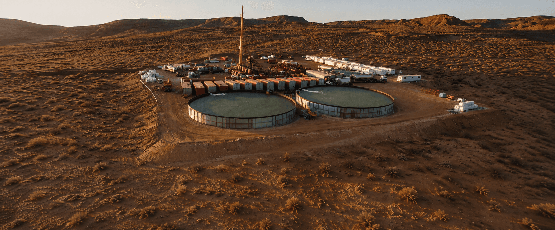 Aerial view of an oil storage tank facility in a desert area at sunset