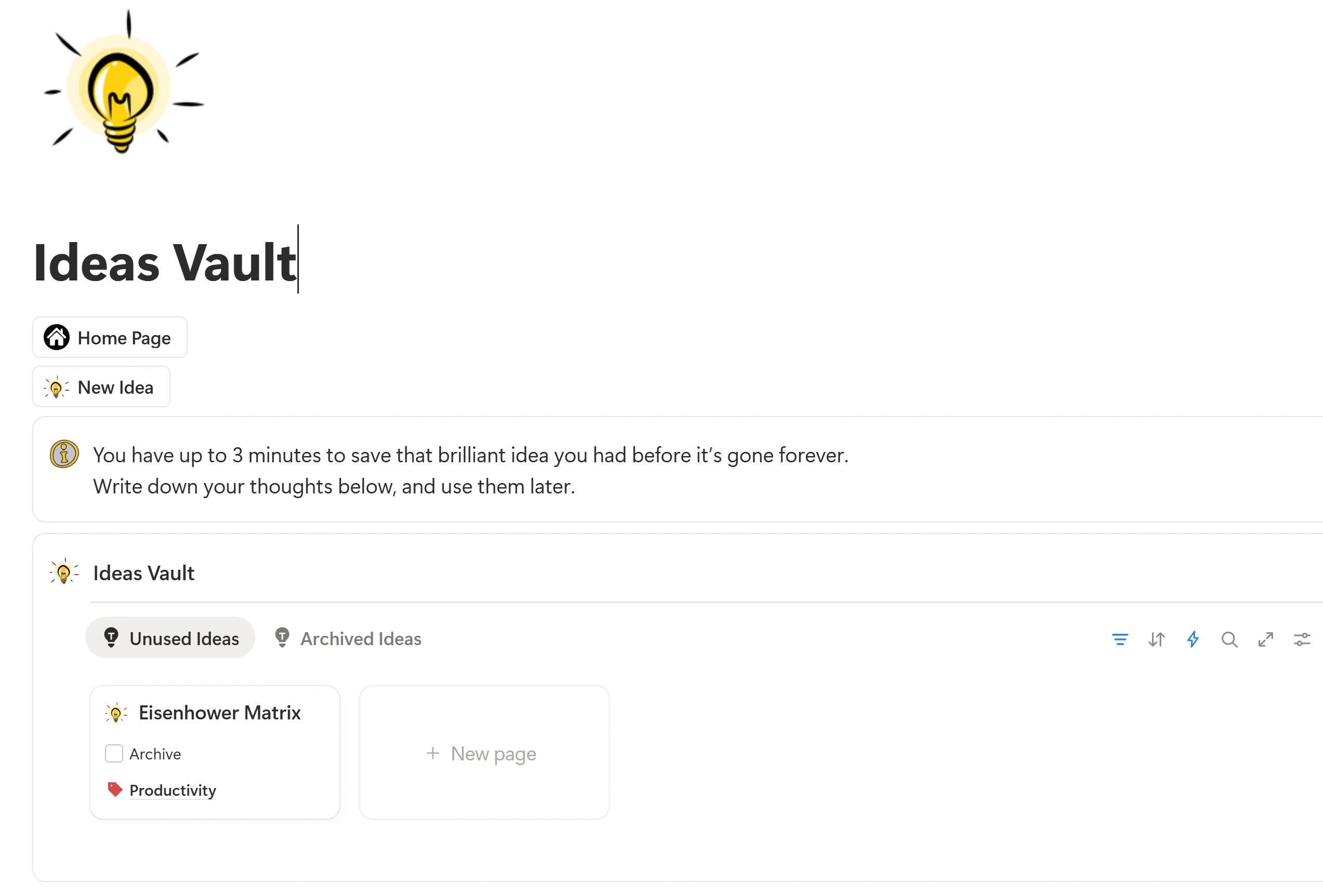 Screenshot of the Idea Vault in Notion showing unused and archived content ideas with tags and categories