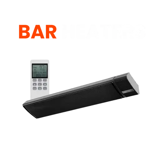 Image of black infrared bar heater and remote control against clear background with 'BAR HEATERS' text above referring to the range of infrared heater.