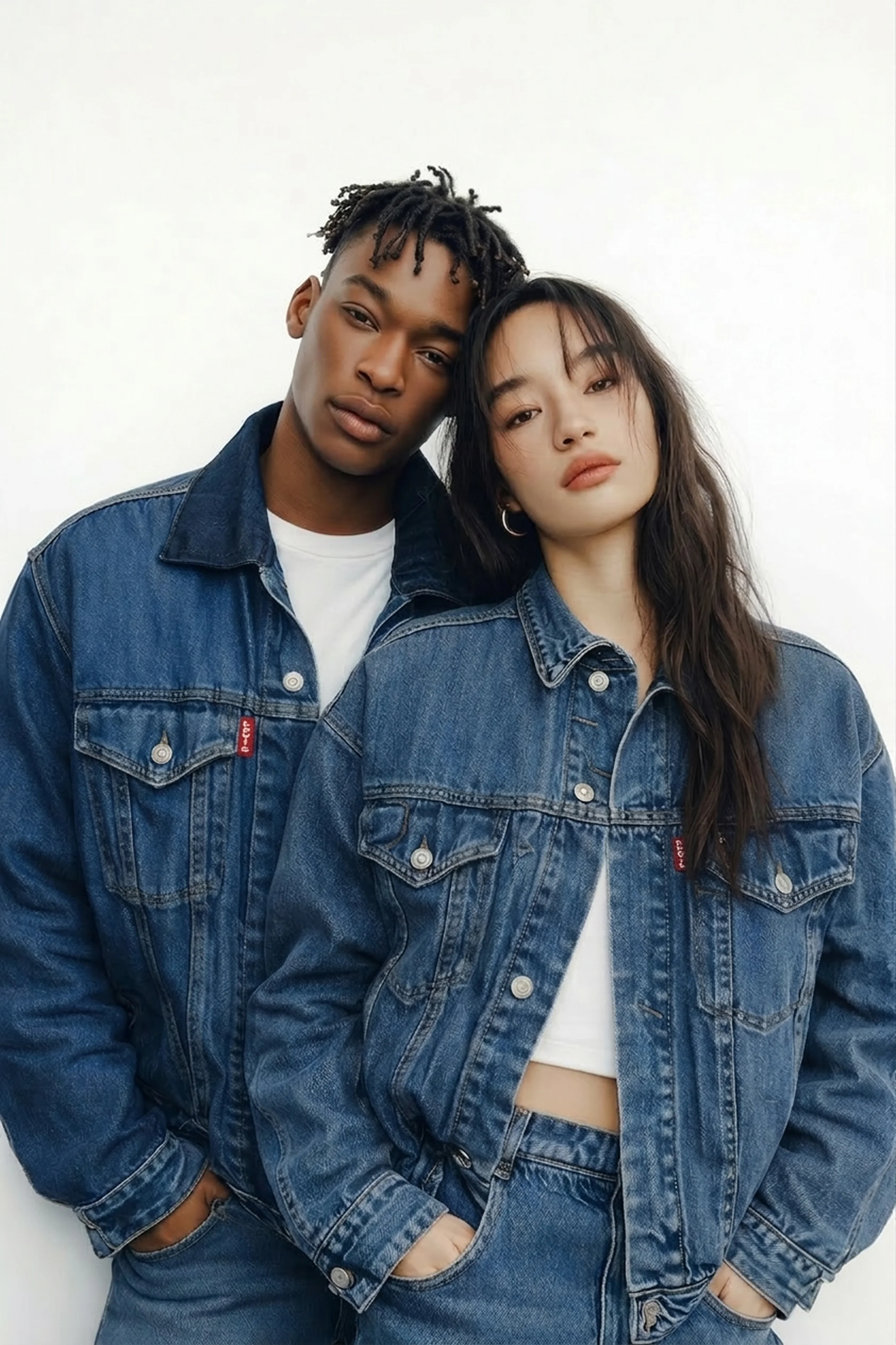Two models in denim Levi's jackets posing close together against a white background