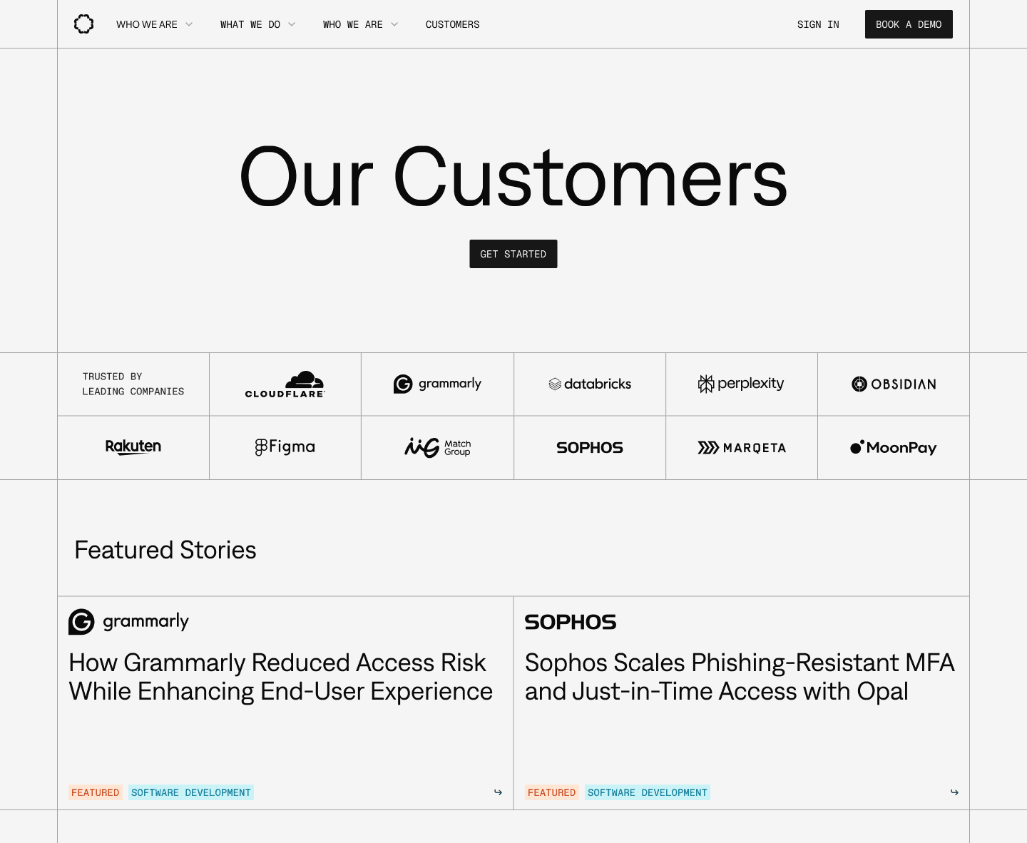 Webpage showing "Our Customers" and logos of leading companies like Grammarly, Sophos, and Figma. Featured stories are also shown.