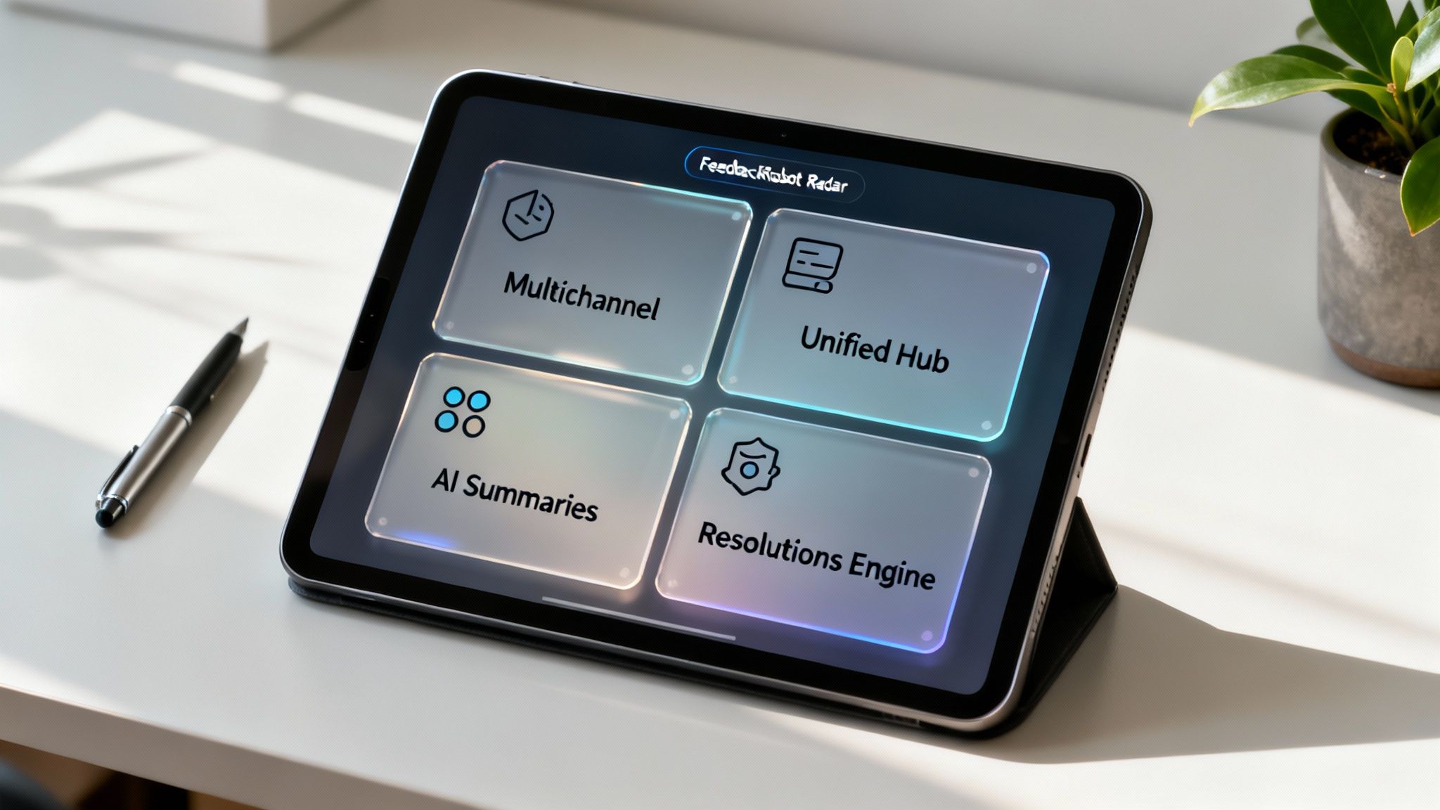 A tablet displaying the 'FeedbackRobot Radar' app with features like Multichannel and AI Summaries on a desk.